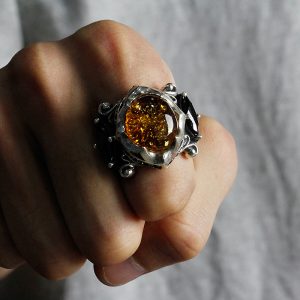 925 Thai Silver Ring Retro Gem Black Stone Amber